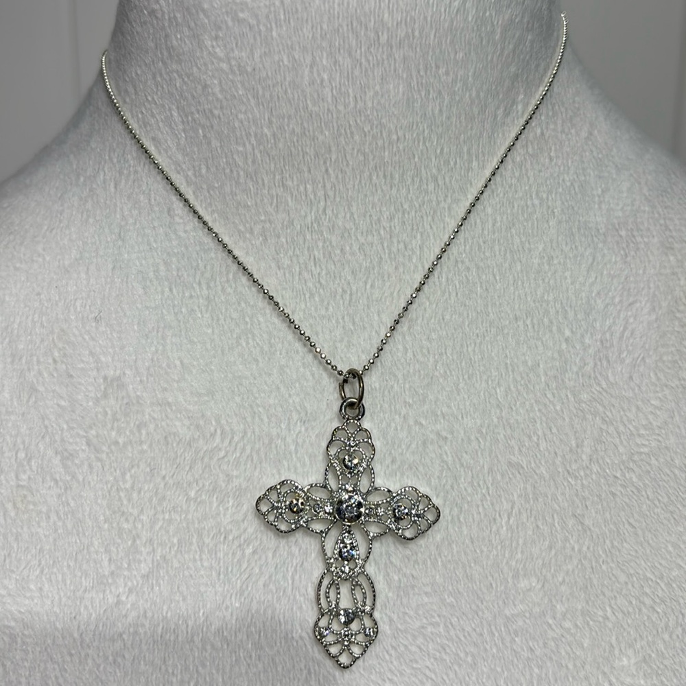 Fashion silver tone cross necklace with cubic zirconia accents